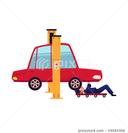 vector flat boy repairing car on lift vector flat boy repairing car on lift 34884366