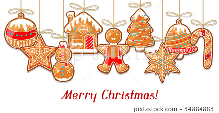 Merry Christmas greeting card with hanging Merry Christmas greeting card with hanging 34884883