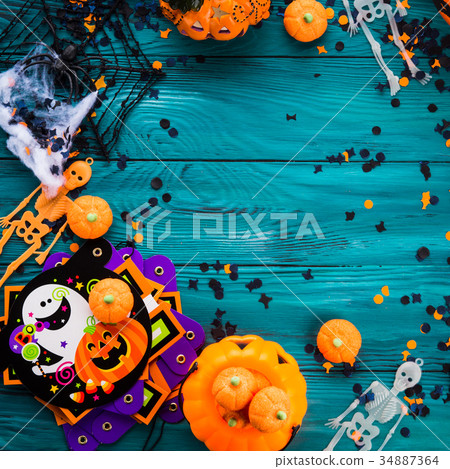 Halloween party decorations frame on dark green 34887364
