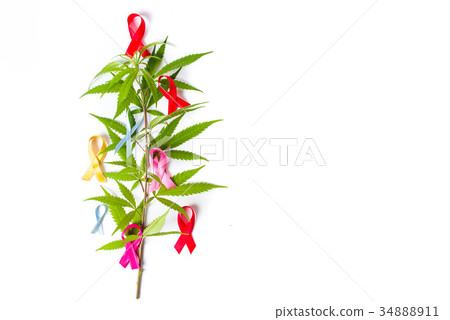 Marijuana leafs with Cancer awareness symbols 34888911