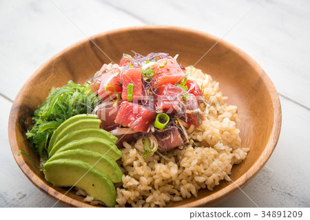 ahi poke bowl on brown rice 34891209