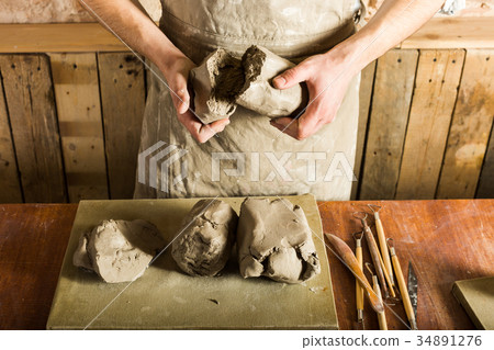 pottery, clay, ceramics art concept - top view on pottery, clay, ceramics art concept - top view on 34891276