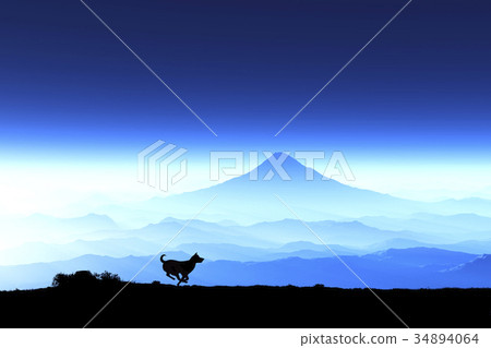 跑與在富士山的日出的狗的剪影 跑與在富士山的日出的狗的剪影 34894064