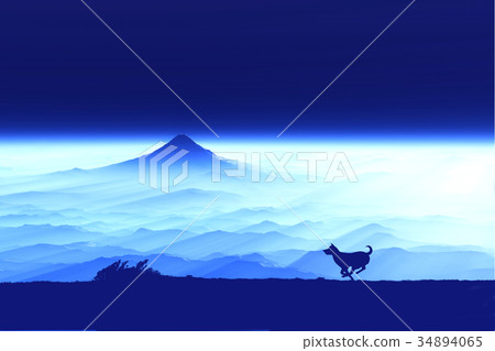 跑與在富士山的日出的狗的剪影 跑與在富士山的日出的狗的剪影 34894065