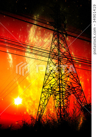 High voltage pole with sunset High voltage pole with sunset 34901419