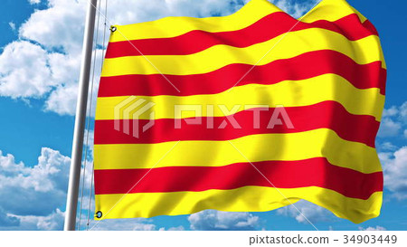 Waving flag of Catalonia against clouds and sky 34903449