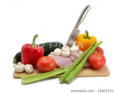 chicken, knife and vegetables. 34905555