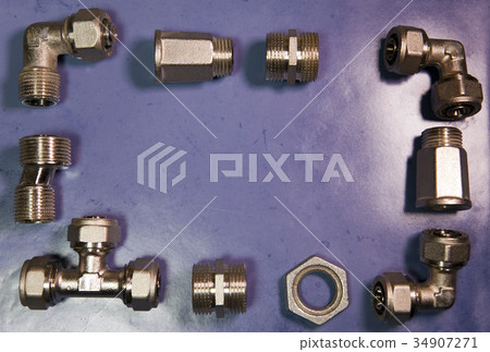 elements of water and gas shutoff valves, flat lay elements of water and gas shutoff valves, flat lay 34907271