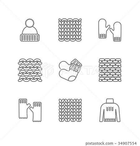 Knittind clothes, knitted samples thin line icons Knittind clothes, knitted samples thin line icons 34907554