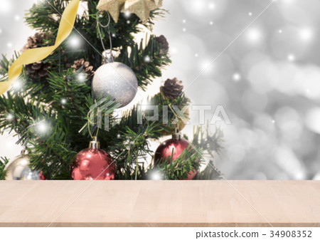 wood table with christmas tree decorations wood table with christmas tree decorations 34908352