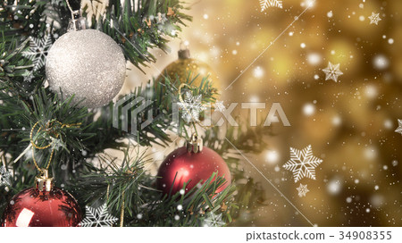 Christmas tree with decorations and snowflake Christmas tree with decorations and snowflake 34908355