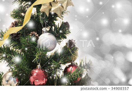 Christmas tree with decorations and snowflake Christmas tree with decorations and snowflake 34908357