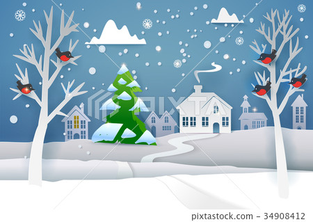 Paper cut winter and evergreen tree 34908412