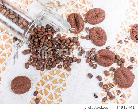 coffee bean and coffee cookies set on tablecloth  34913441