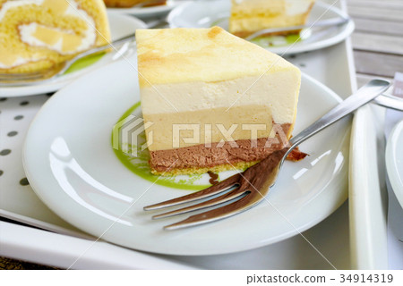 Japanese pudding bavarois cake on white plate Japanese pudding bavarois cake on white plate 34914319