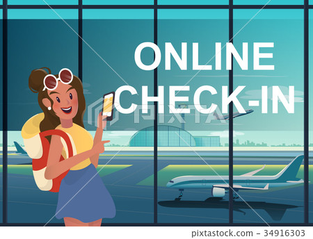 Backpacking woman wwith online check-in at airport Backpacking woman wwith online check-in at airport 34916303