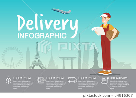 Delivery boy with order at airport infographic Delivery boy with order at airport infographic 34916307