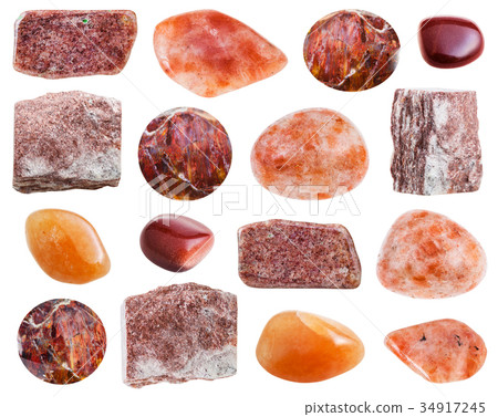 set of various Sunstone gemstones isolated 34917245