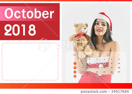 Calendar of 2018, Beautiful happy woman in sexy red clothes. 34917684