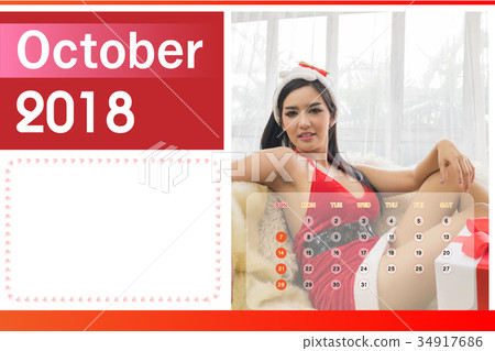 Calendar of 2018, Beautiful happy woman in sexy red clothes. 34917686