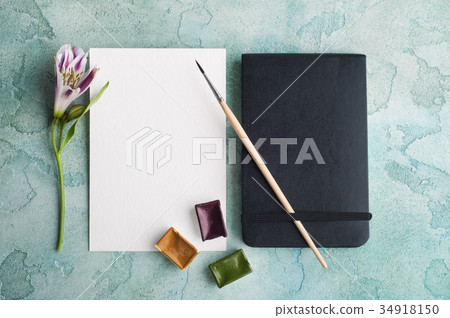 Paint brushe, purple, yellow and green paint 34918150