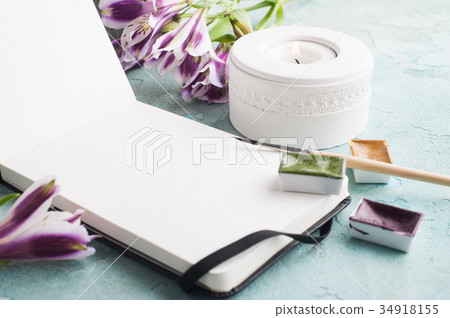 Paint brushe, purple, yellow and green paint Paint brushe, purple, yellow and green paint 34918155