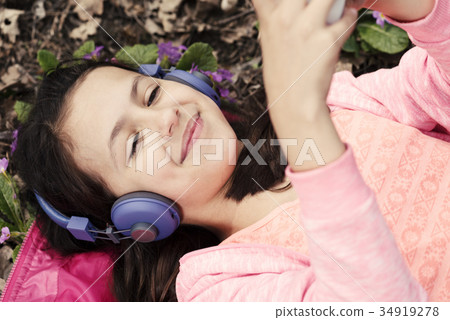Girl Happy Headphones Violet Smiling 34919278