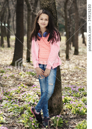 Girl Park Spring Primroses Headphones Standing 34919280
