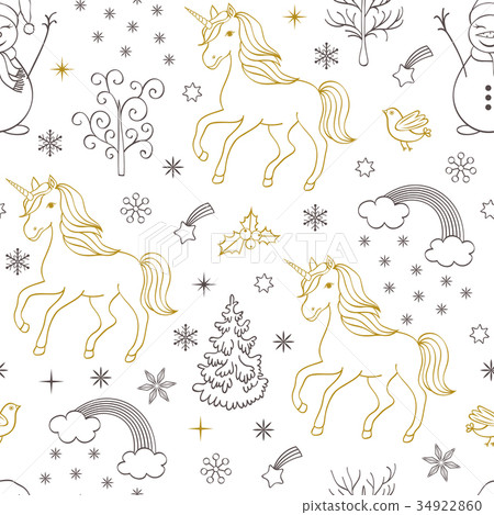 pattern with unicorns,trees,birds,snowmen  34922860