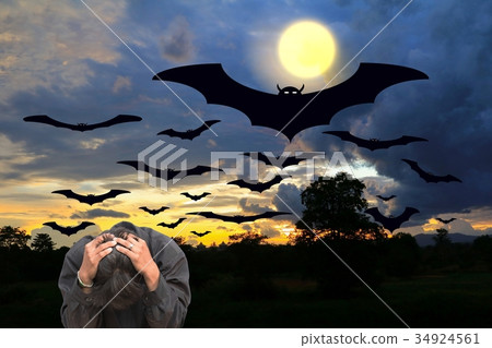 bat flying and people bent dodge in day Halloween  34924561
