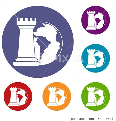 World planet and chess rook icons set 34925691