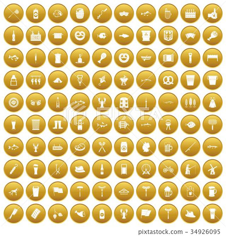100 beer icons set gold 34926095