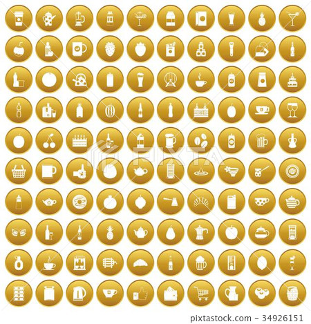 100 beverage icons set gold 34926151
