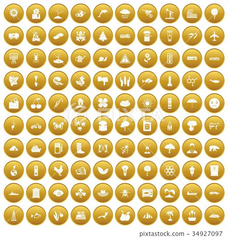 100 global warming icons set gold 34927097