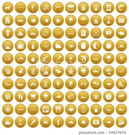 100 marine environment icons set gold 34927670
