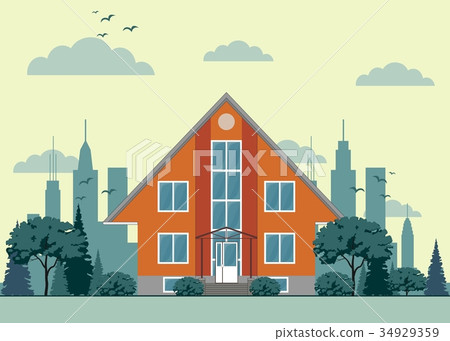 modern cottage house with trees and city 34929359