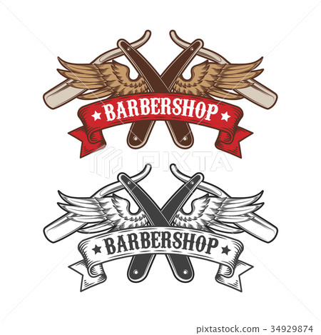 Barber shop equipment illustration engraved style 34929874