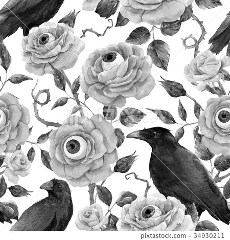 Watercolor floral halloween vector pattern Watercolor floral halloween vector pattern 34930211