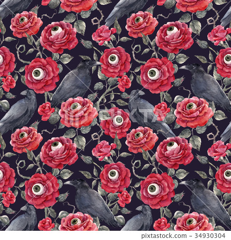 Watercolor floral halloween vector pattern 34930304