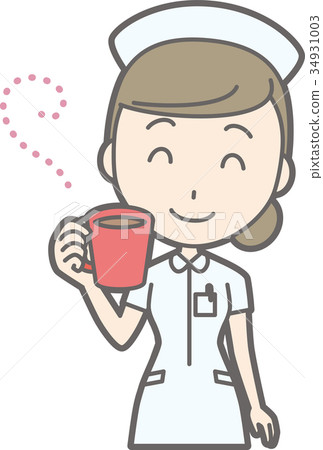Illustration where a female nurse in a white coat is drinking coffee 34931003