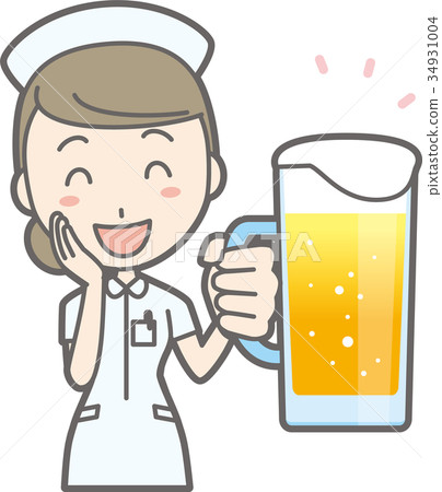 Illustration where a female nurse in a white coat is drinking beer 34931004