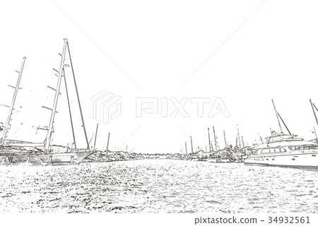 Pen Sketching; Boats on Water at Marina Del Ray 34932561