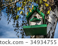 Birdhouse on a tree in the autumn forest. 34934755