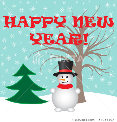 Cute snowman and trees winter postcard 34935592