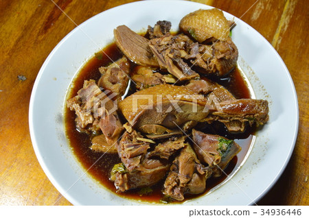 steamed duck meat in Chinese brown soup on plate steamed duck meat in Chinese brown soup on plate 34936446