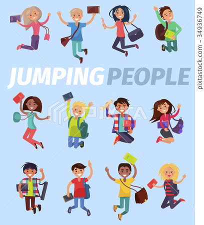 Jumping People Twelve Happy Students Flat Design 34936749