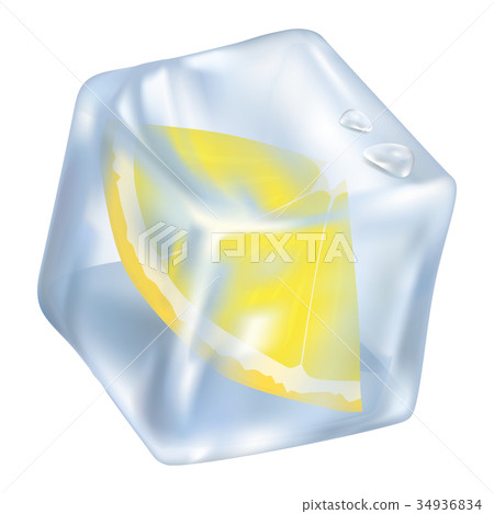 Ice Cube with Frozen Slice of Lemon Closeup Icon Ice Cube with Frozen Slice of Lemon Closeup Icon 34936834