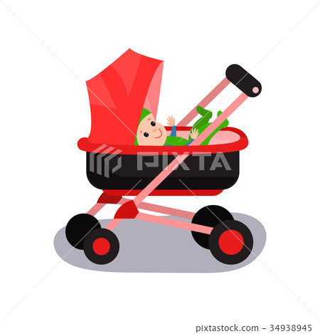 Lovely baby in a red modern stroller, transporting Lovely baby in a red modern stroller, transporting 34938945