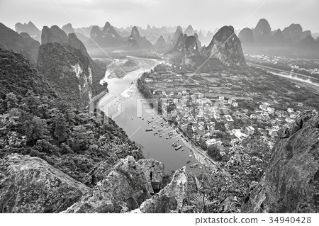 Black and white picture of Li River, China. 34940428