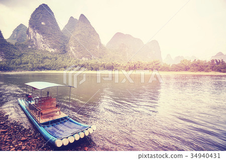 Bamboo raft at Li River, Xingping, China. 34940431